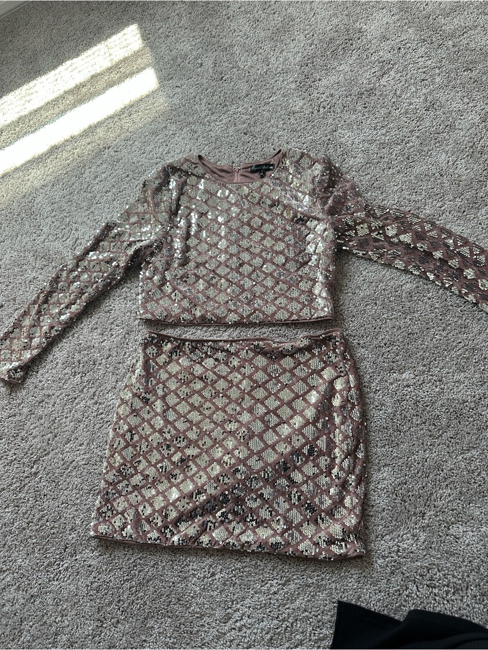 Sequin Two-Piece Crop Top and Skirt Set - Rose Mauve with silver sequins